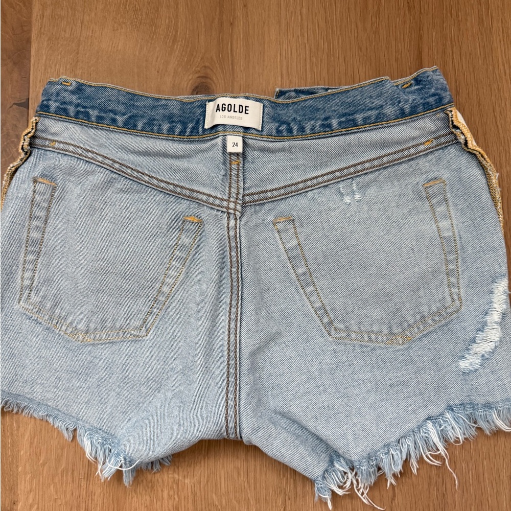 Agolde Size 24 Denim Blue High-Waisted Distressed Shorts - Picture 4 of 5